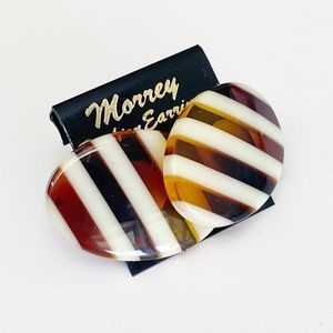 Vintage plastic stud earrings brown and cream striped oval